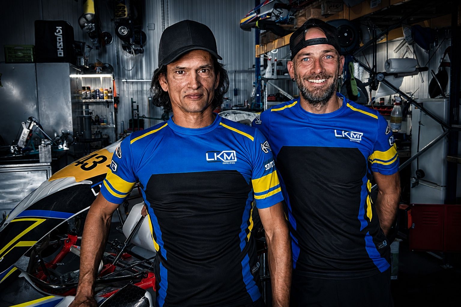 Michaël Hyvernaud et un membre de l'équipe LKM Racing dans l'atelier