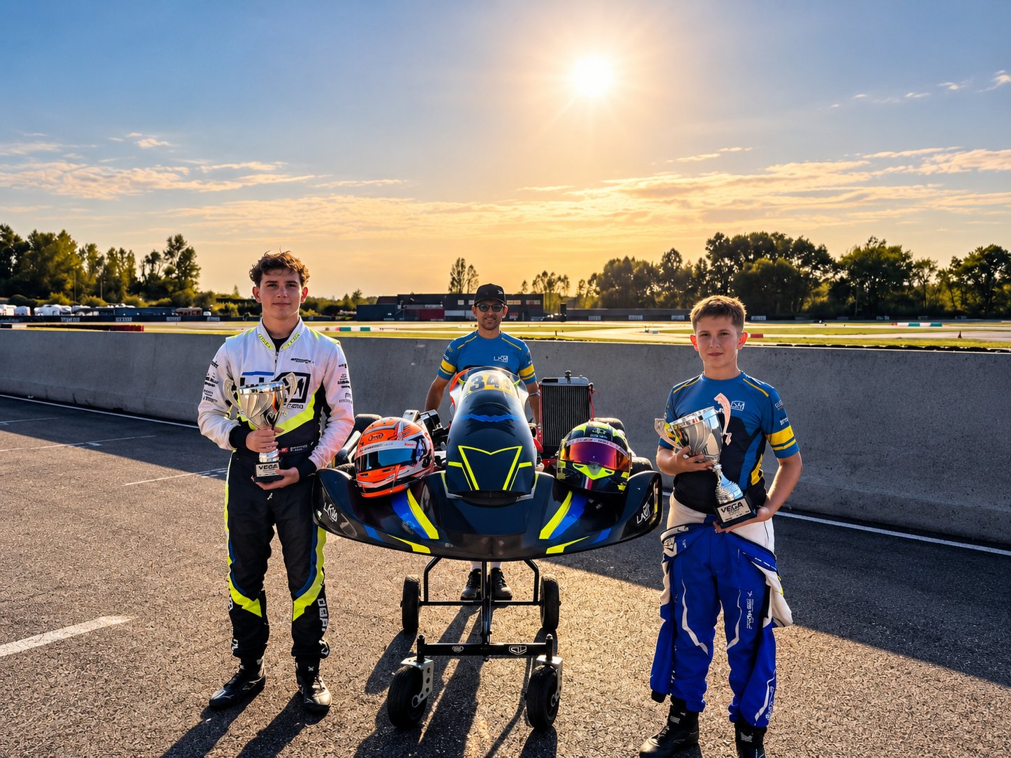Deux pilotes LKM Racing avec leurs trophées au stand après le championnat IAME Suisse
