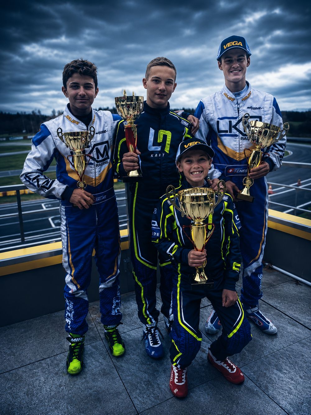 Quatre jeunes pilotes LKM Racing réunis avec leurs trophées sur le circuit