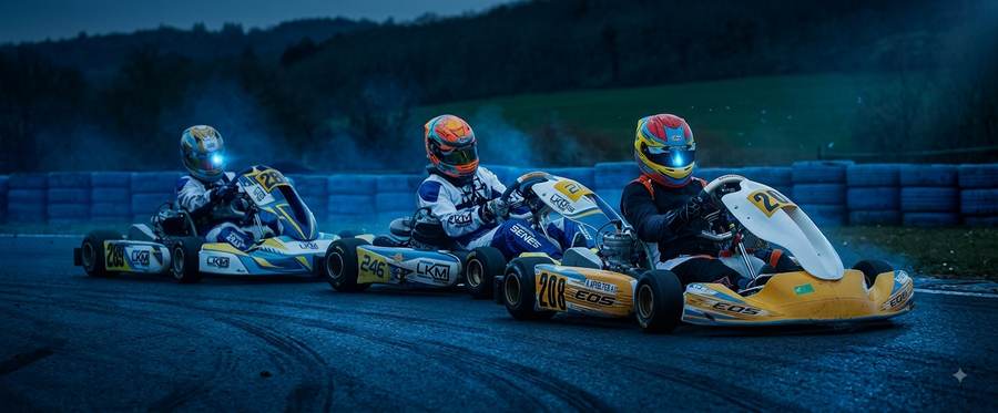 Trois pilotes LKM Racing en peloton dans un virage