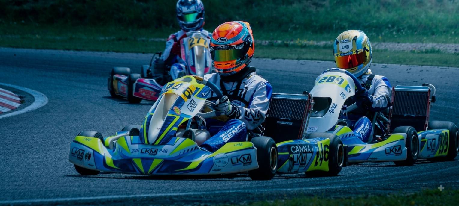 Trois pilotes LKM Racing en peloton serré dans un virage